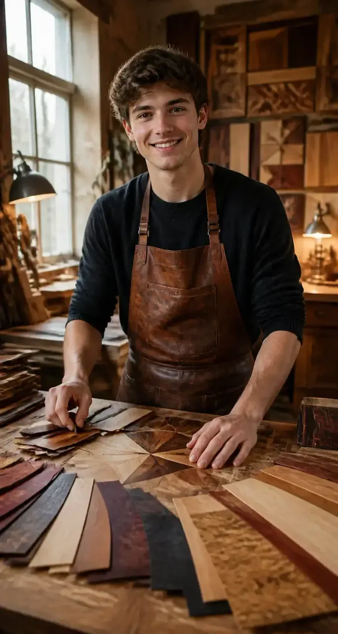 Apprenti en marqueterie assemblant des placages de bois précieux à l'atelier