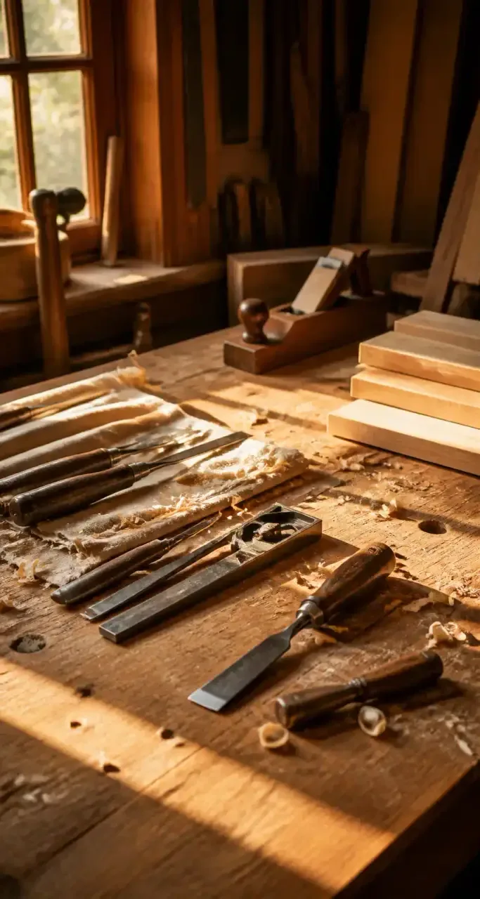 Établi de menuiserie avec outils à main d'artisanat d'art