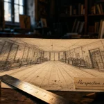 Dessin perspective intérieure : points de fuite et ligne d’horizon sur papier quadrillé