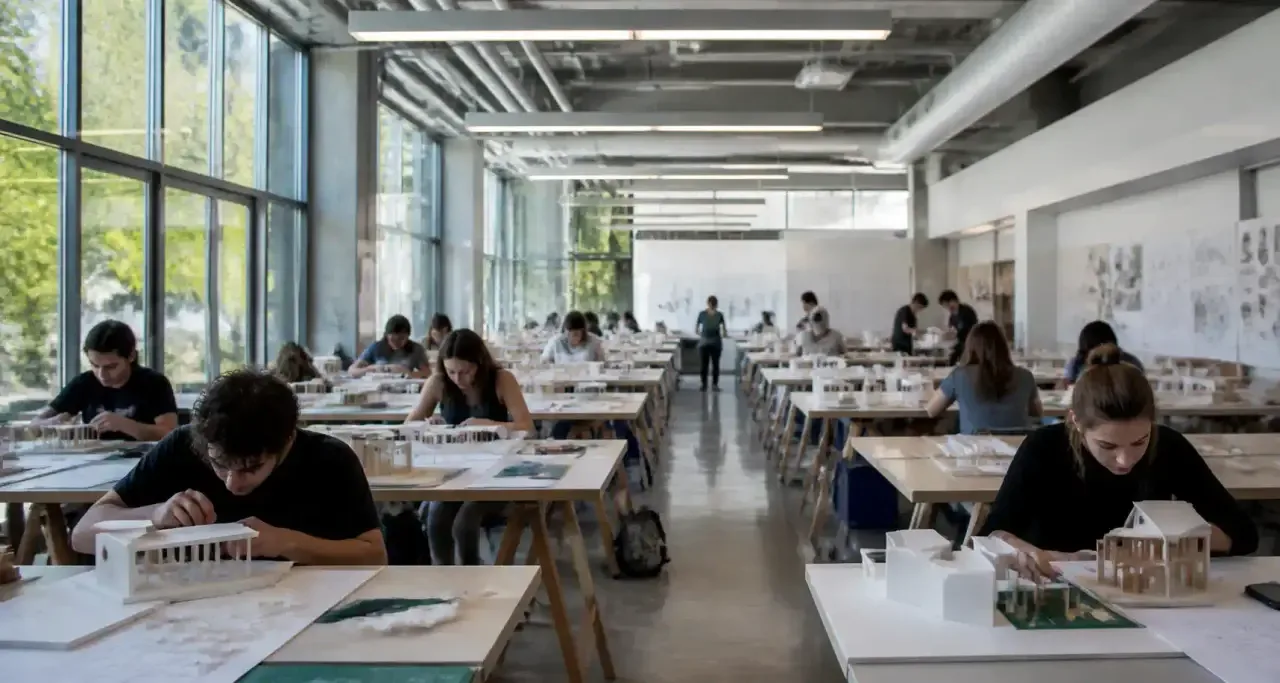 Étudiants d'une école de design travaillant sur des maquettes en salle de cours