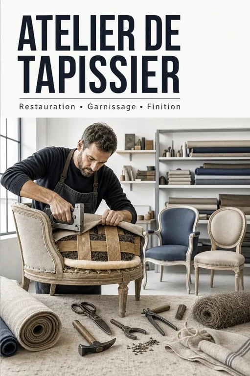 Formation tapissier : artisan travaillant sur un fauteuil dans un atelier de tapisserie