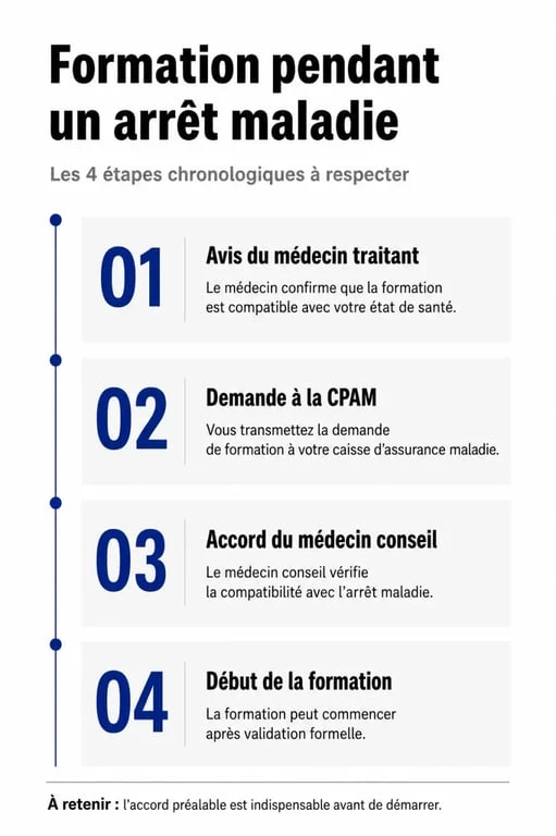 Infographie des étapes pour suivre une formation professionnelle pendant un arrêt maladie