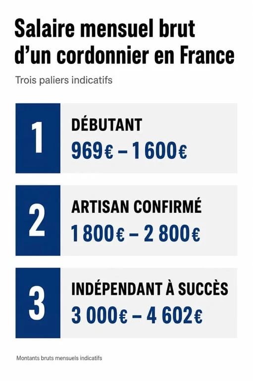 Infographie des fourchettes de salaire d'un cordonnier en France selon l'expérience et le statut