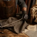 Formation tapissier en atelier, mains tenant tissu et passepoil