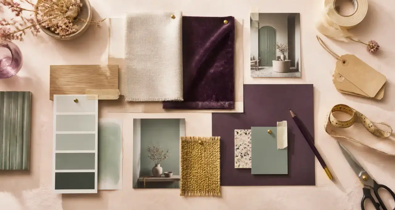 Planche tendance d'atelier avec échantillons de tissus prune, nuancier céladon, bois clair et mètre ruban de couturière