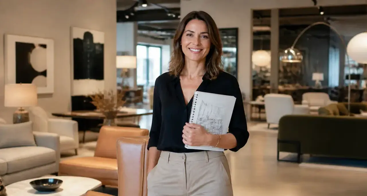 Femme en reconversion professionnelle travaillant sur un projet de design d'intérieur