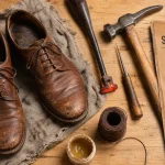 Salaire cordonnier : outils et chaussures usées en atelier