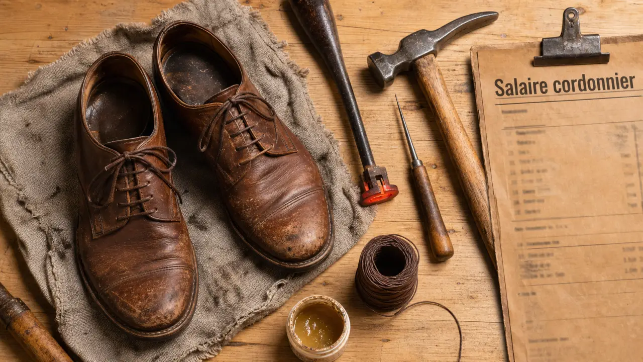 Salaire cordonnier : outils et chaussures usées en atelier