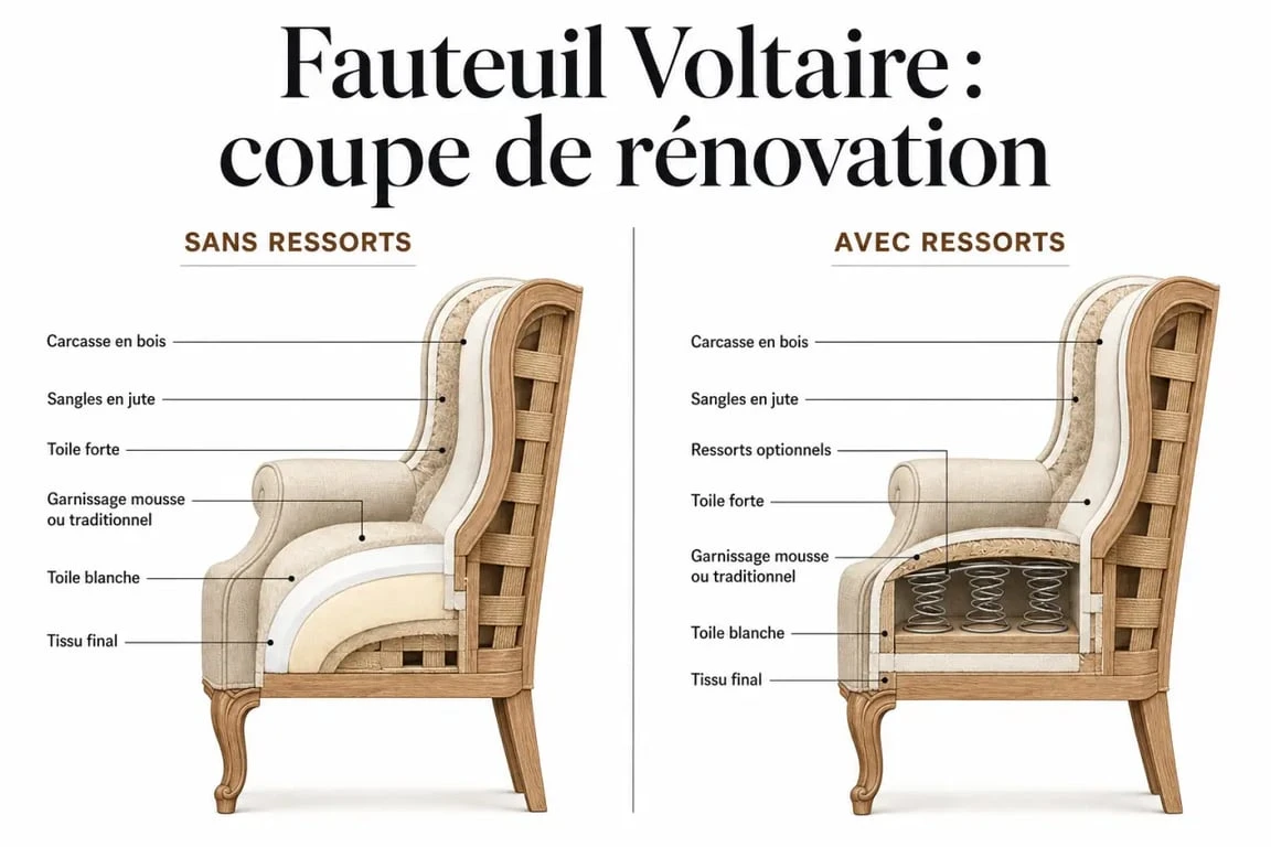Rénovation fauteuil voltaire en coupe montrant les couches de garnissage et les ressorts