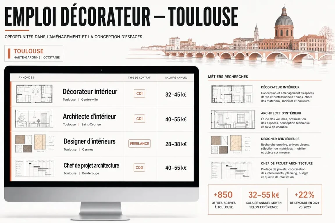 Infographie éditoriale sur l’emploi décorateur Toulouse, avec intitulés de poste et niveaux de salaire