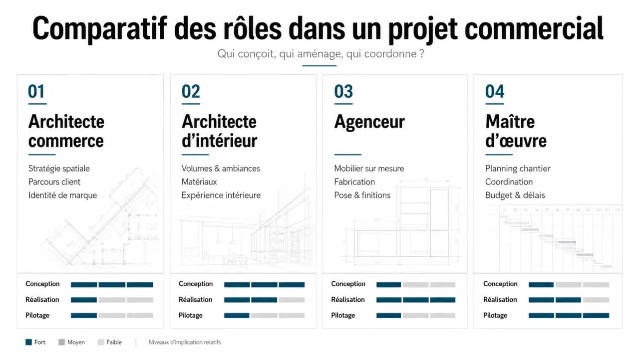 Architecte commerce : comparaison des rôles entre architecte, architecte d’intérieur, agenceur et maître d’œuvre