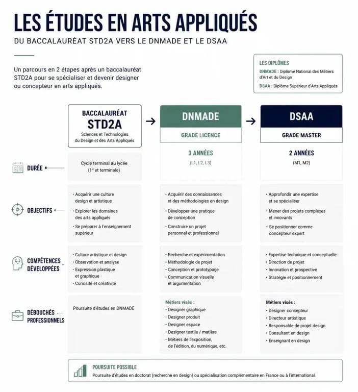 Schéma du parcours d'études en arts appliqués, du bac STD2A aux diplômes supérieurs