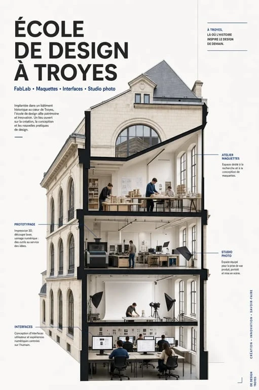 École design Troyes : illustration éditoriale d’un campus créatif avec étudiants en FabLab