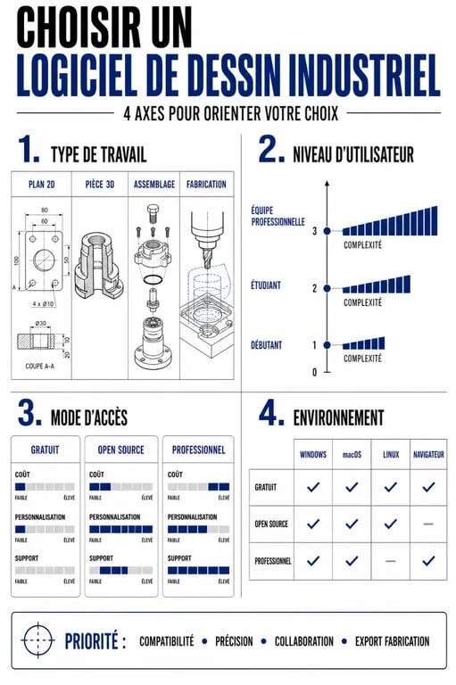 Comparatif visuel du logiciel dessin industriel selon les usages 2D, 3D, paramétrique et fabrication