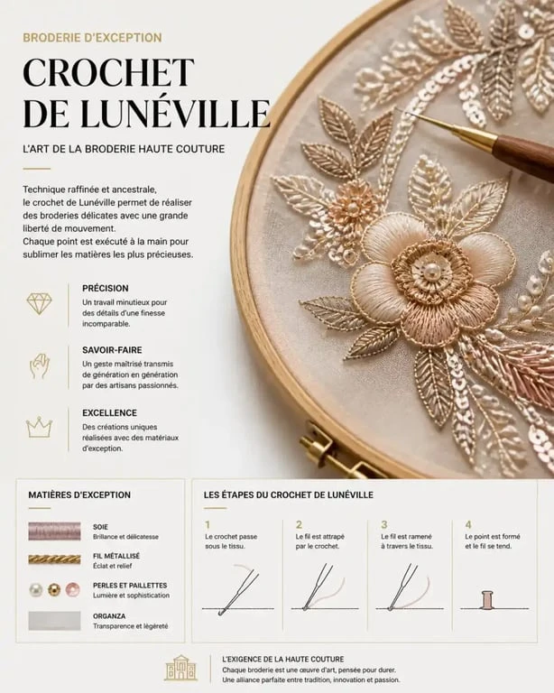 Matériel professionnel pour le CAP Arts de la Broderie incluant le crochet de Lunéville