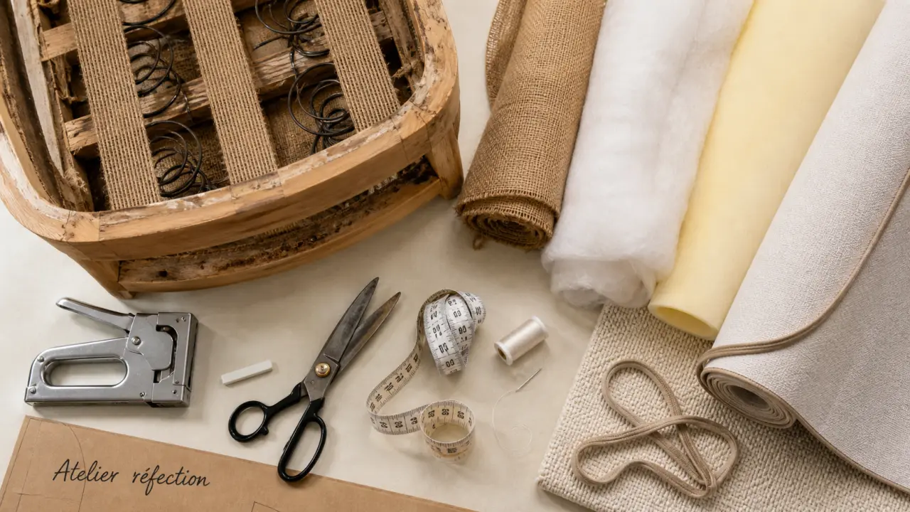 Formation courte tapissier d'ameublement en atelier : outils et fauteuil en réfection