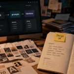Formation ia design : bureau avec prompts IA et UX