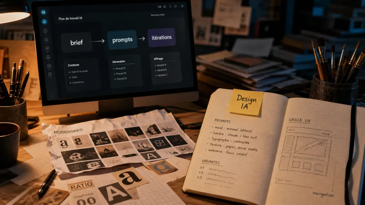 Formation ia design : bureau avec prompts IA et UX