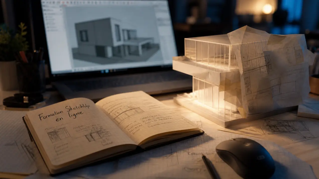 Formation sketchup en ligne : carnet, souris et interface SketchUp pour apprendre en 10h