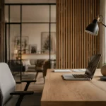Architecture interieur bureau : bureau près de la fenêtre, lumière naturelle et rangements