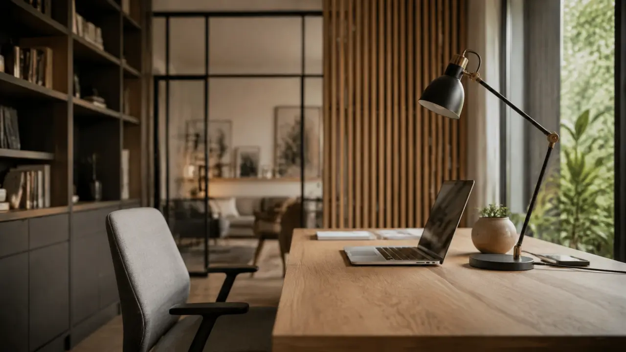 Architecture interieur bureau : bureau près de la fenêtre, lumière naturelle et rangements