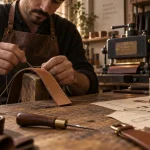 Artisan maroquinier recoud le cuir dans un atelier maroquinerie