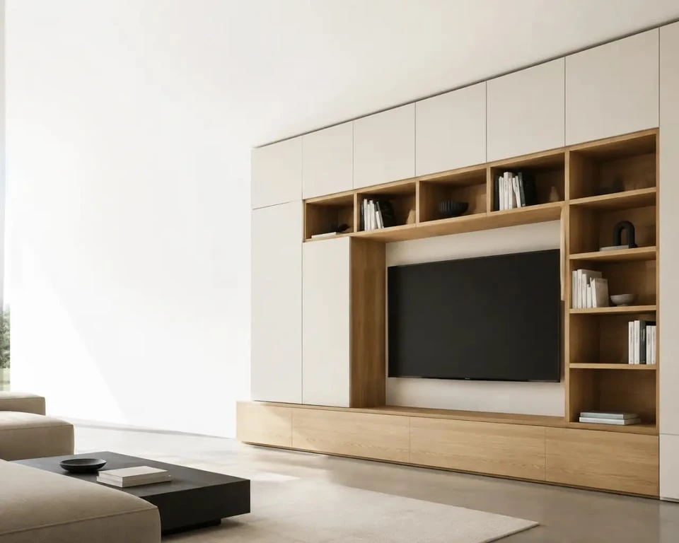 Design sur mesure d’une bibliothèque et d’un meuble TV intégrés au salon