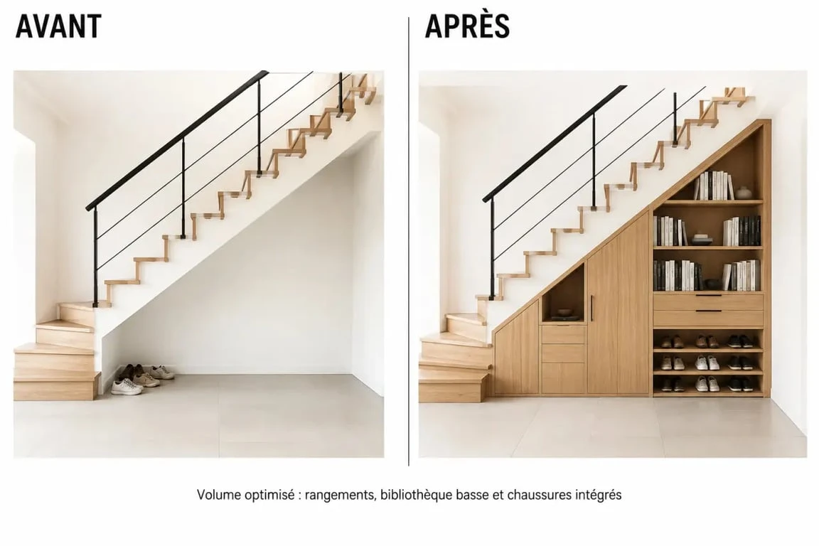 Design sur mesure avant et après sous escalier avec rangements intégrés