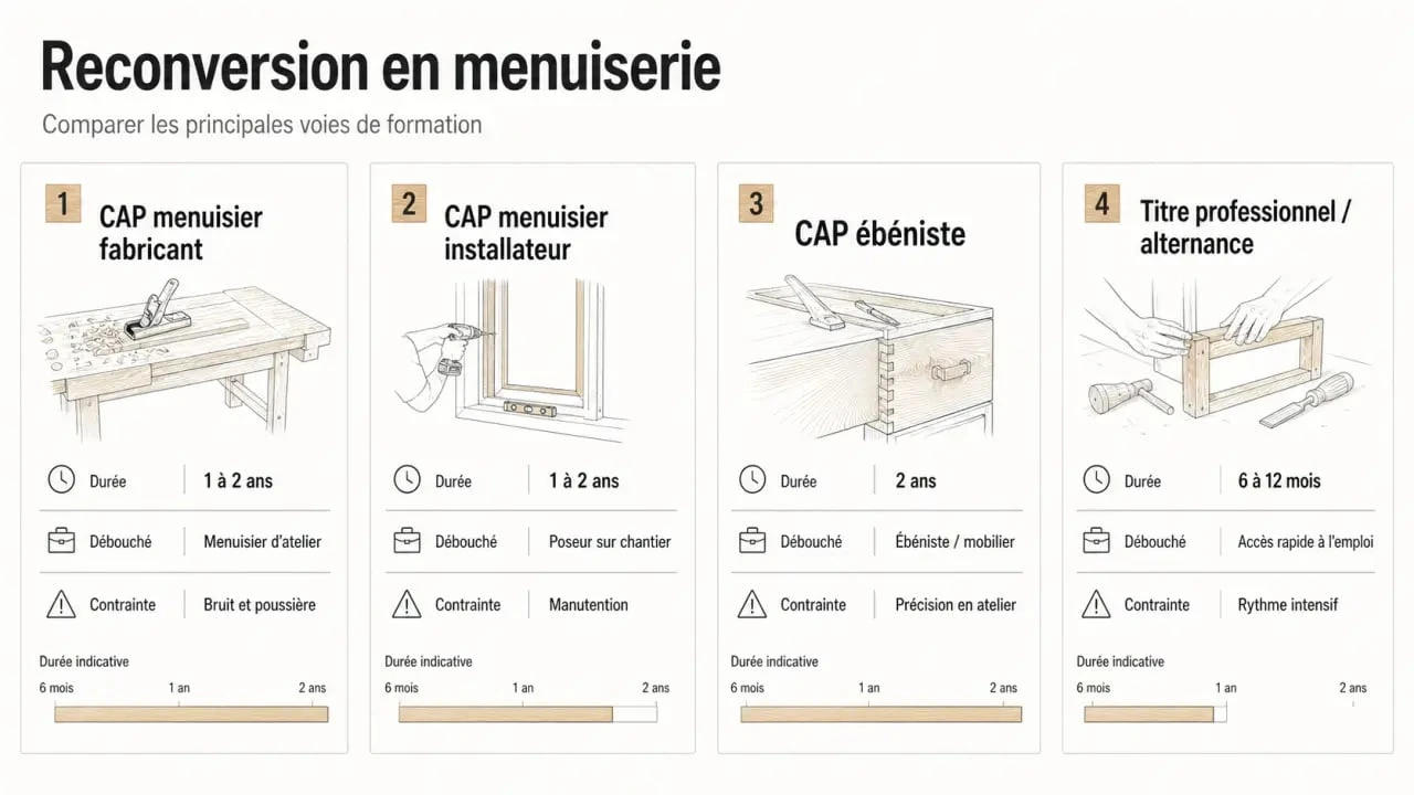 Infographie reconversion menuiserie : voies d’accès, durée, débouchés et contraintes du métier