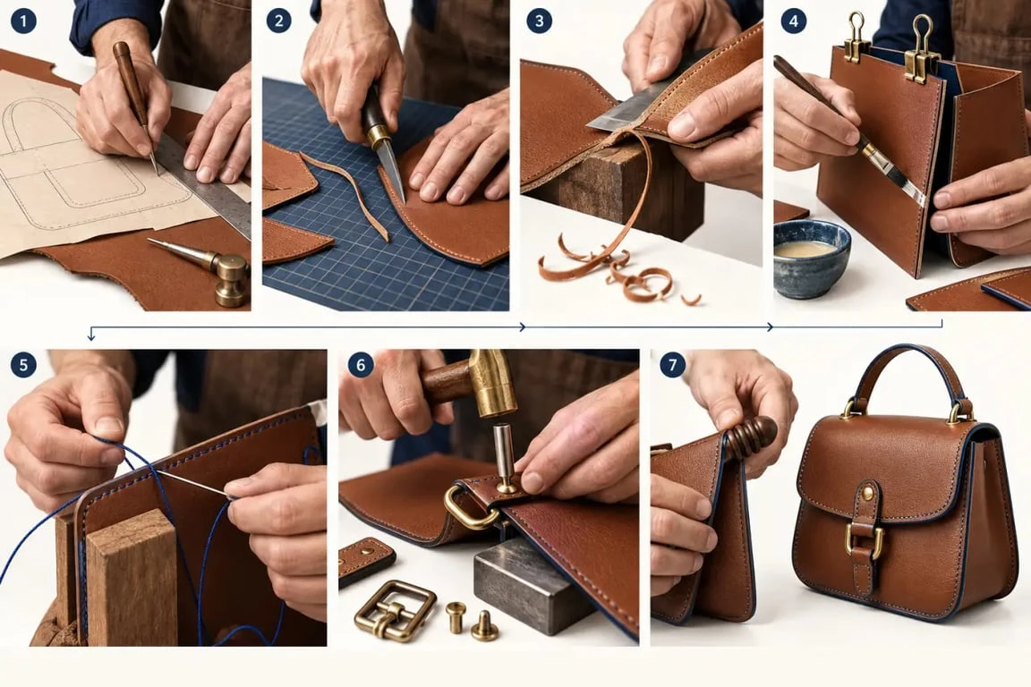 Étapes de fabrication par un artisan maroquinier dans un atelier de maroquinerie