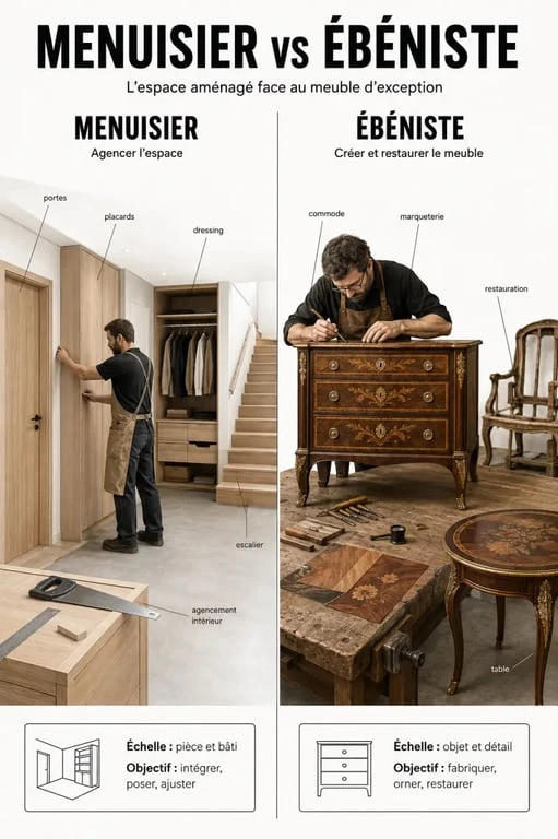 Ebeniste menuisier : comparaison visuelle des métiers du bois, entre aménagement intérieur et fabrication de meuble