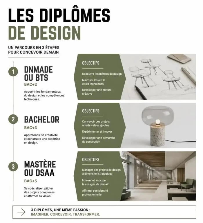 Schéma des niveaux de formation design en Bretagne : du Bac+2 au Bac+5 pour orienter les étudiants.