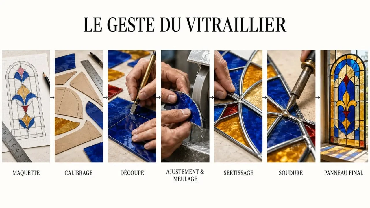 Étapes d’une formation vitrailliste, de la maquette à l’assemblage d’un vitrail