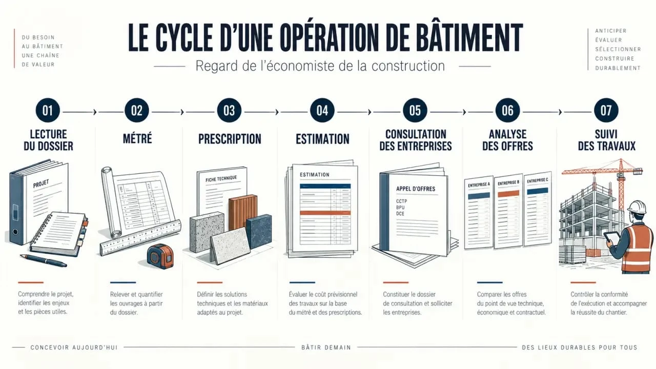 Formation economiste de la construction : cycle des missions du métré au suivi des travaux
