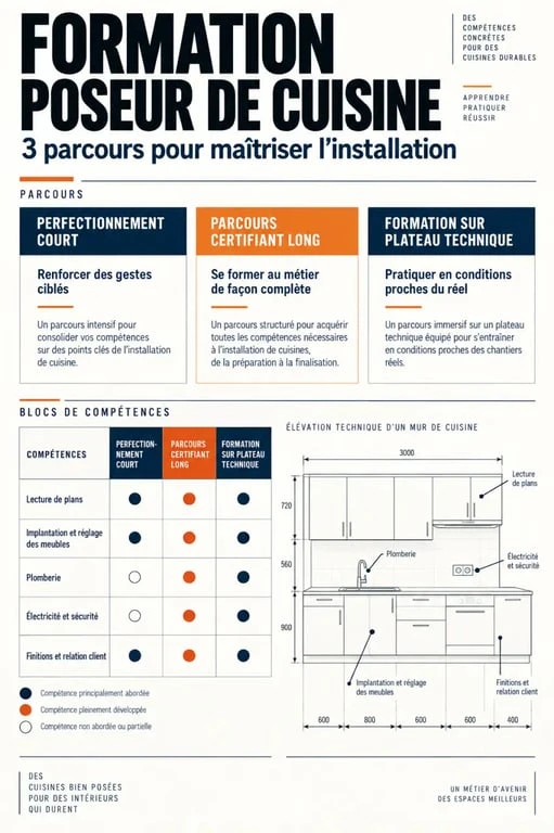 Infographie sur la formation de poseur de cuisine et ses compétences techniques