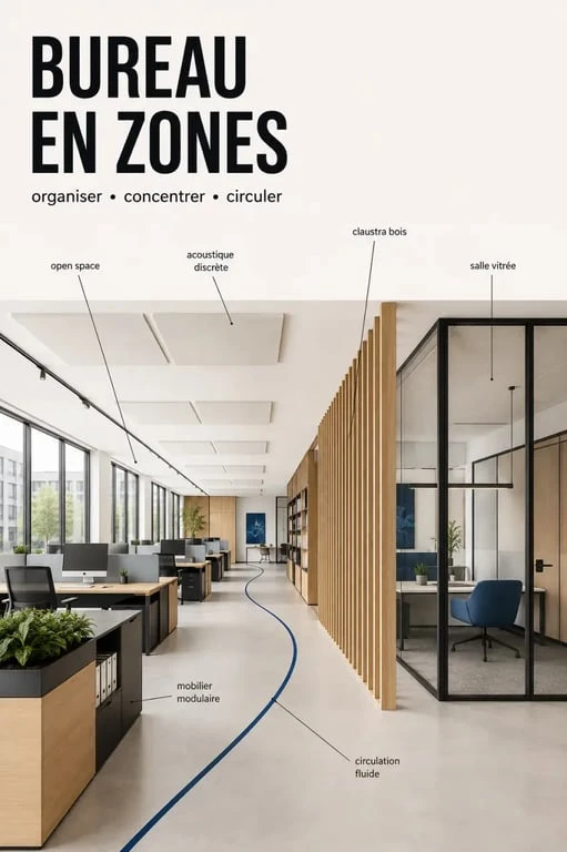 Architecture interieur bureau : aménagement d’un open space professionnel avec cloison vitrée et circulation fluide