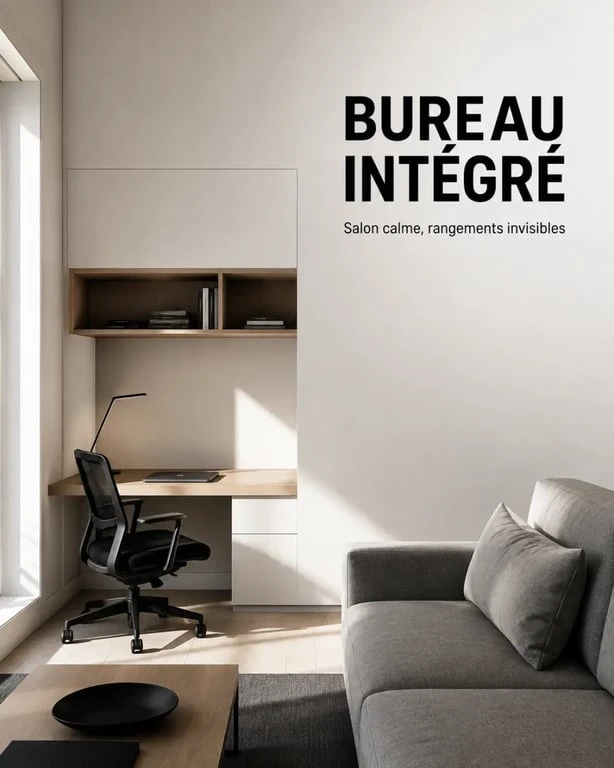 Architecture interieur bureau : bureau à domicile intégré dans un salon avec rangements sur mesure