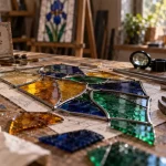 Formation vitrailliste avec maquette et outils de vitrail