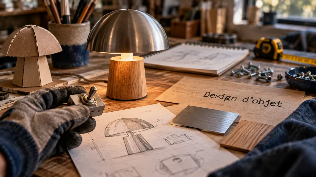 Design objet : prototype de lampe en atelier, croquis et métal brossé