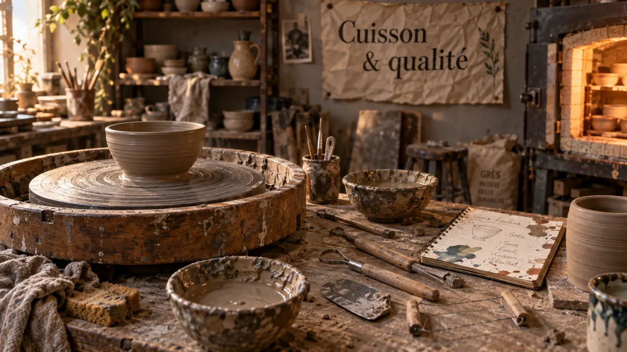 Devenir ceramiste : établi d’atelier avec tour de potier et terre humide