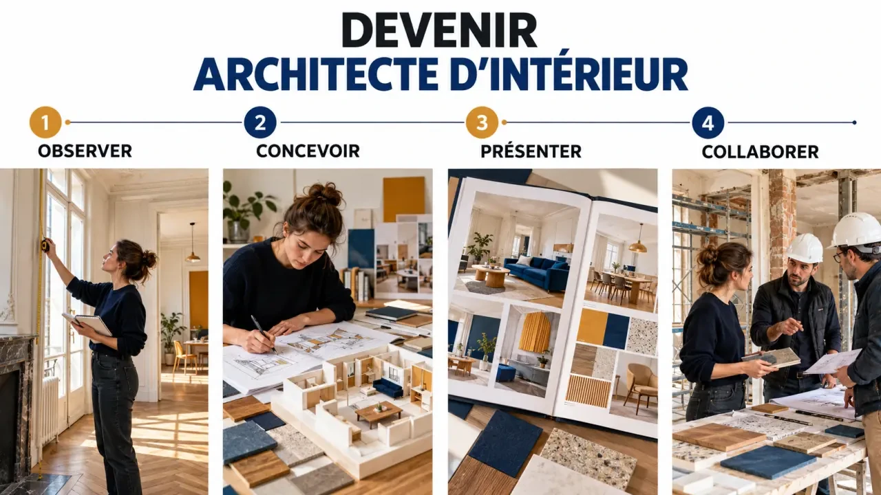 Parcours pour comprendre comment devenir architecte d'intérieur, de la conception du portfolio au chantier