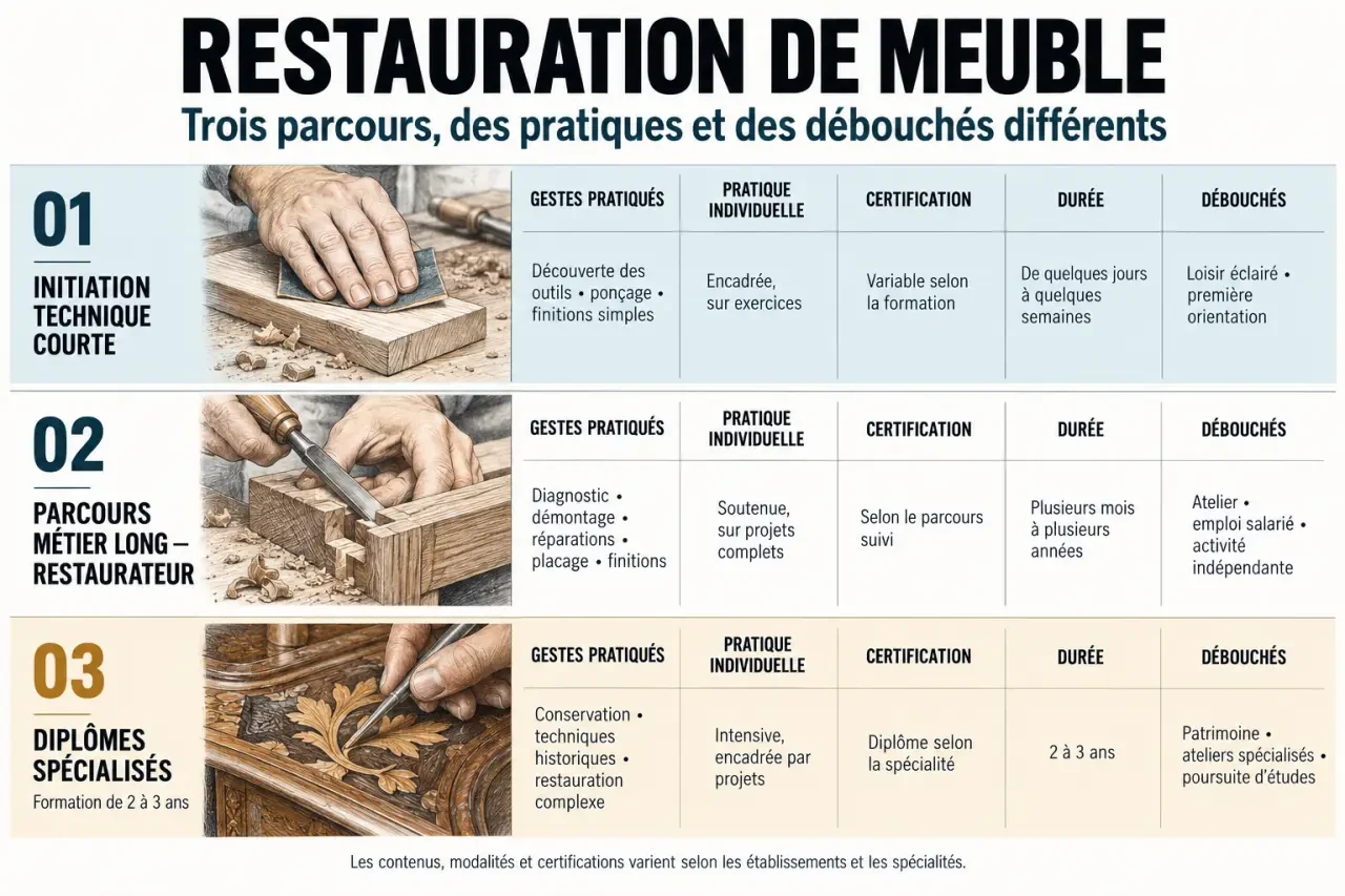 Formation de restauration de meuble : comparaison des parcours, durées et niveaux de certification