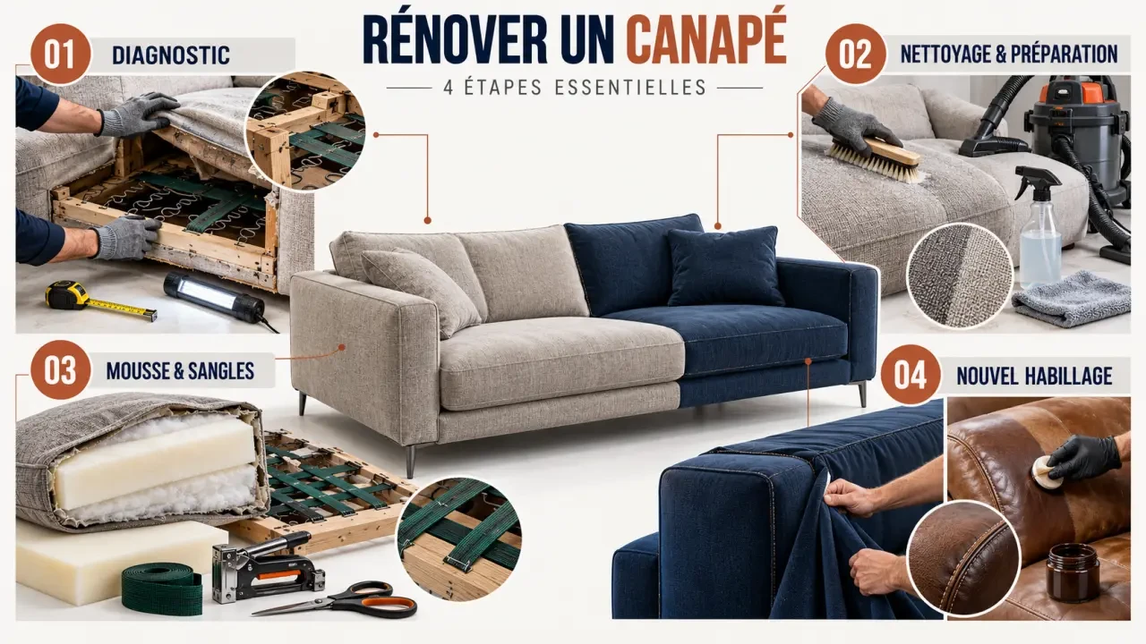 Étapes pour rénover un canapé en cuir ou en tissu, du diagnostic à la pose du nouveau revêtement