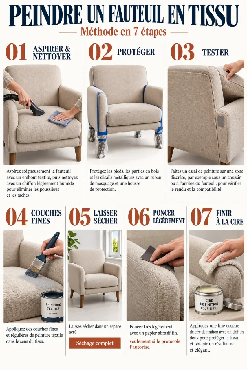 Étapes de peinture tissus fauteuil, de la préparation à la finition