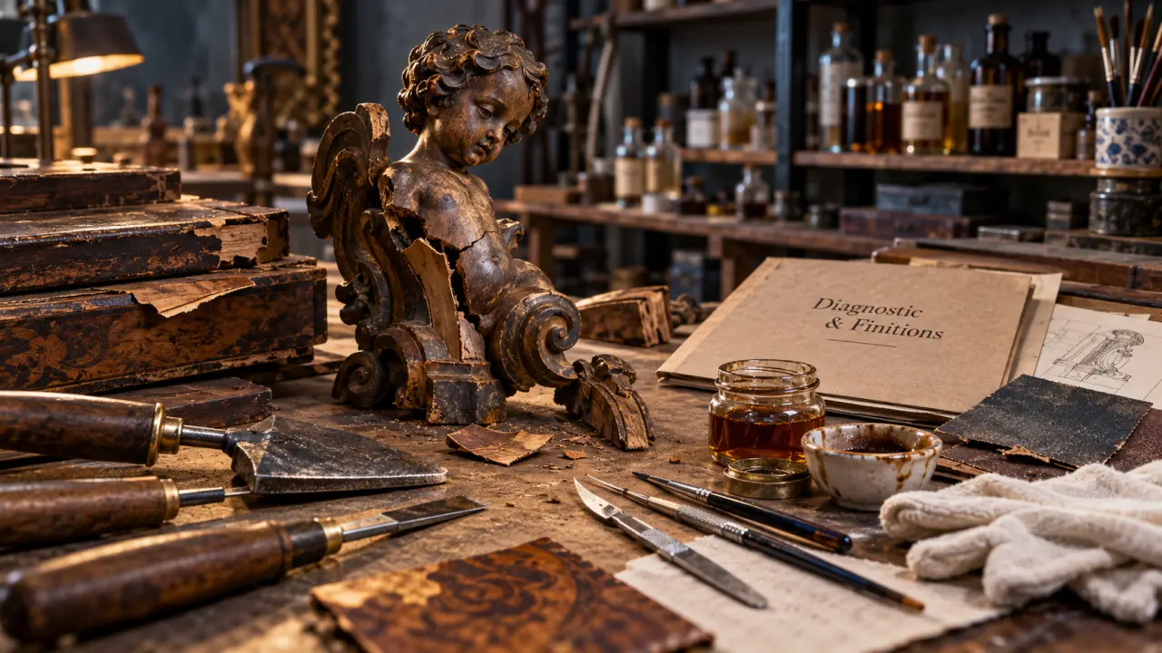 formation de restauration de meuble : établi d’atelier, placage et diagnostic