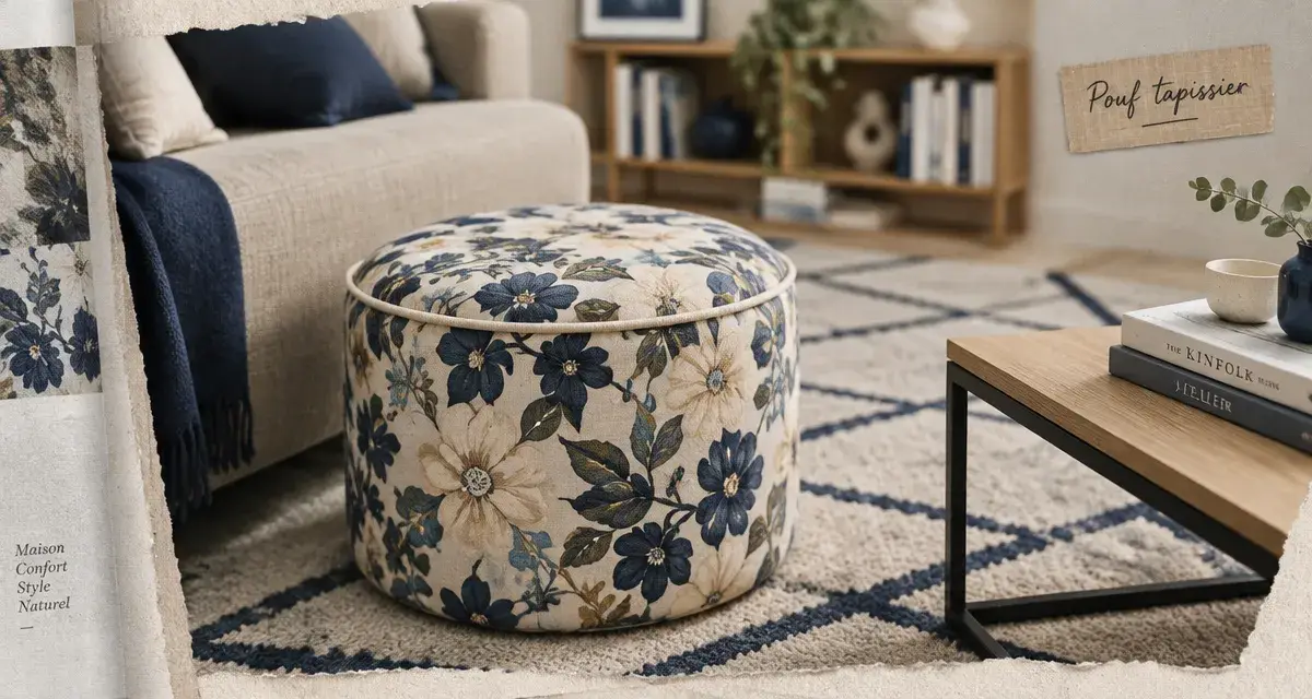 pouf tapissier salon rond bleu nuit et crème, près du canapé beige